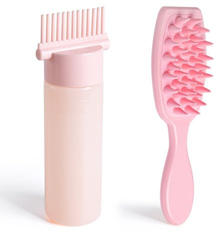 MEGAVOW Hair Oil Colour Applicator Bottles with Scalp Massager, Hair Dye Root Comb Applicator Brush 180ml with Graduated Scale, Shampoo Brush Hair Growth Tools for Salon Home DIY (Pink)