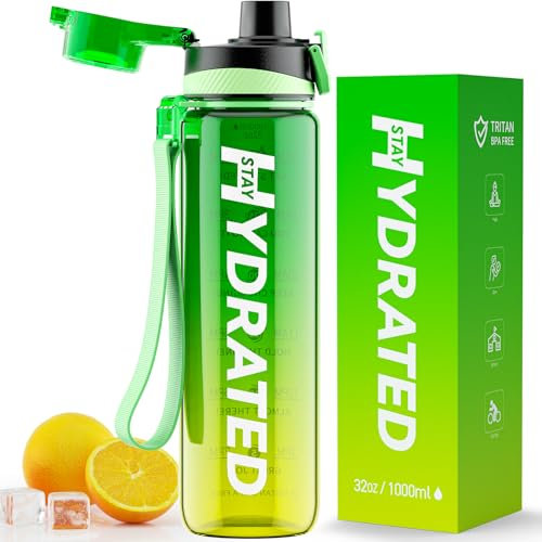 Mevoly Gourde 1L, Tritan Gourde Sport Motivation sans BPA, Transparente avec Graduée, Anti Fuite, Bouteille 1 Litre pour Camping, Randonnée, Yoga, Femme, Homme (Jaune Soleil)