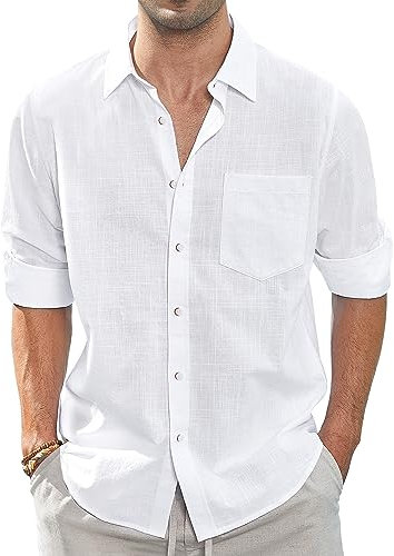 J.VER Men's White Linen Cotton Shirts Long Sleeve Regular Fit Casual Solid Lightweight Summer Beach Shirt with Pocket S