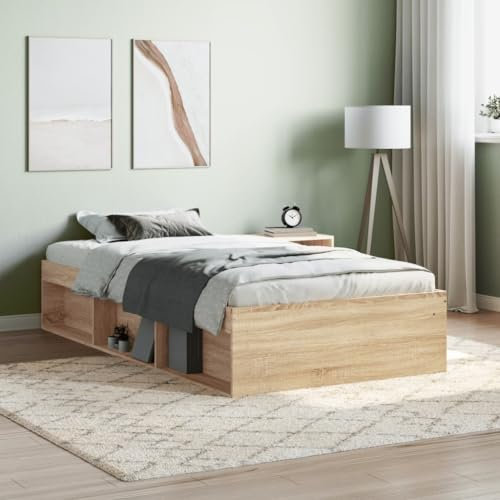 Festnight Bett 100x200 cm Holzbett mit Stauraum Massivholzbett mit Fächer Bettgestell mit Lattenrost Einzelbett Doppelbett Bettrahmen Jugendbett Holz Sonoma Eiche