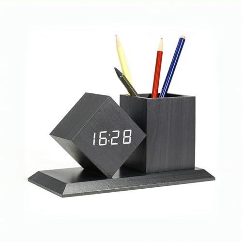 ThreeH Digitaler Wecker aus Holz Wochentagsmodus 12/24 Stunden Temperatur Datumsanzeige 3 Weckeinstellungen Uhr mit Stifthalter Schwarz