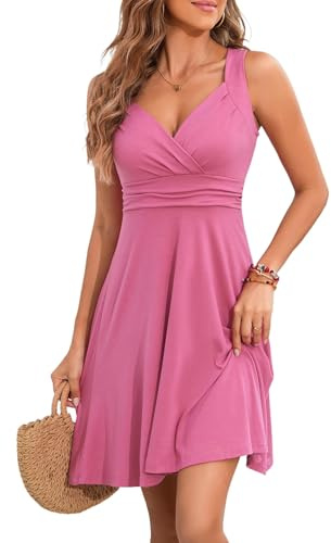 YUTILA Robe d'été pour femme - Col en V - Sans manches - Midi - Motif floral - Robe légère - Robe de plage, Rose, M