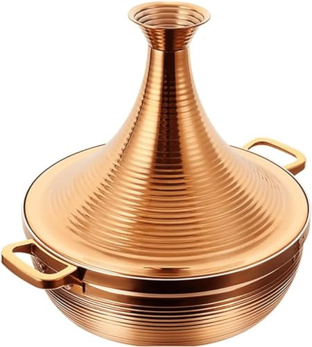 Vinbcorw Moroccan Tagine,304 Stainless Steel,Non Stick Moroccan Casserole with 2 Handles,Large Moroccan Cooker Handmade Tagine Pot with Cone-Shaped Lid,Gold,26cm