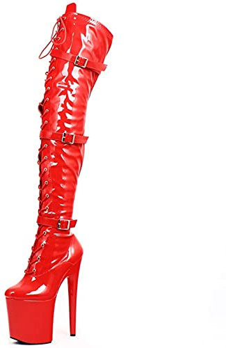 WECCTYA Stivali alti alla coscia sopra il ginocchio Donna Tacchi alti sottili 20 cm Stivali alti alla coscia con fibbia sexy fetish a punta (Rosso 39 EU)