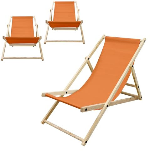 ECD Germany 3er Set Liegestuhl klappbar Orange aus Holz, verstellbare Rückenlehne, 3 Positionen, bis 120kg, Sonnenliege Gartenliege Strandliege Strandstuhl Holzklappstuhl, für Garten, Balkon & Strand