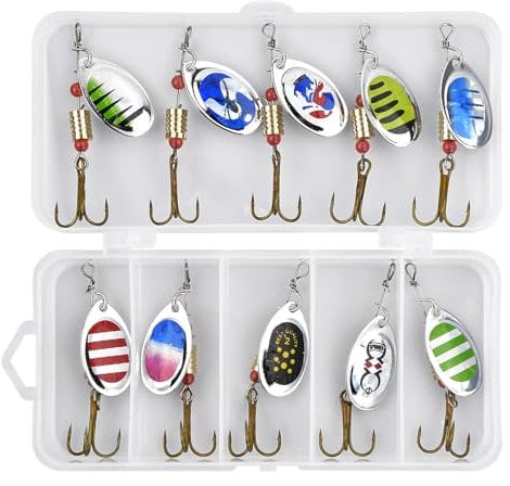 Dokeno 10 Pièces Cuillere Peche,Cuillere Peche Truite,Leurres à Truite,Cuillers de Pêche Leurres de Pêche Paillettes Pivotantes Cuillers Leurre Pêche Appâts en Métal pour Brochet Truite Basse Saum