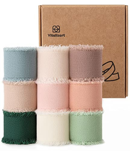 Vitalizart Ruban en Mousseline 9 Couleurs 2,5 cm x 24,6 m, Tissu à Franges Fait à la Main, Ruban en Tissu pour Invitation de Mariage, Bouquet de Mariée, Décoration et Emballage Cadeaux