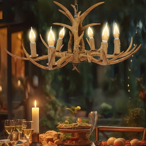 MEELRYD 6-Kopf Geweihlampe Retro Lampe, Kerze Type Hirschgeweih Lampe Innenbeleuchtung Lichter Vintage Stil Geweihlampe für Wohnzimmer Schlafzimmer Küche Esszimmer Bar