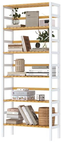 VIAGDO Étagère Salle de Bain en Bambou à 6 Niveaux, Meuble de Rangement Salle de Bain avec Étagères Réglables, Colonne de Rangement pour Salon, Cuisine, Chambre, Balcon, Couloir, 60x26x162 cm,Blanc