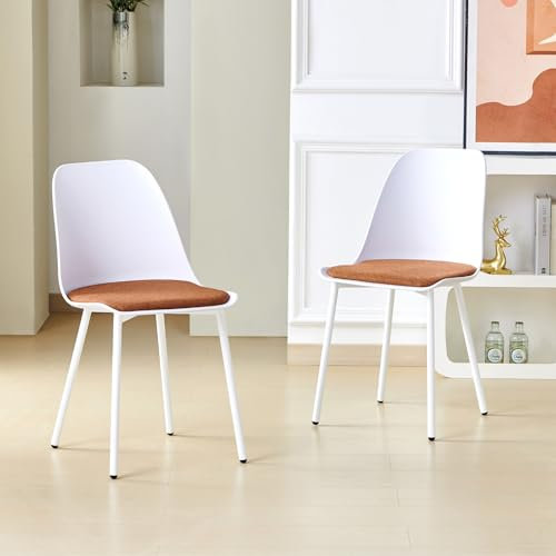 JYMTOM 2er-Set Esszimmerstühle aus Kunststoff, Skandinavische Garten Stühle mit oranger Samt-Polsterung und weißen Metallbeine für Garten, Esszimmer Küche und Restaurant, 82 * 54 * 43 cm (2, Orange)