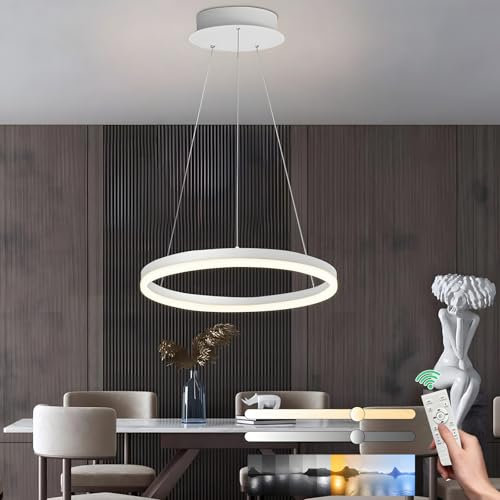 YYUTLUO Moderner DIY-Kreis-LED-Kronleuchter, 1 Weiß Ring, ∅40cm=23W, H150cm Höhe Verstellbar, Metall+Acryl, Dimmbare Fernbedienung, Runde Hängelampe, Wohnzimmer Schlafzimmer Restaurant Büro