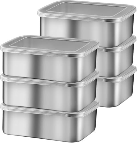 6 recipientes herméticos con tapa, cajas de 1100 ml, de acero inoxidable, fiambreras, apilables, aptos para lavavajillas, 18 x 13 x 6 cm