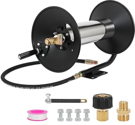 NuFlySic Pressure Washer Hose Reel Power Washer Hose Reel 3/8 NPT Outlet Pipe Heavy Duty Steel High Pressure Washer Reel 4000 PSI with Hand Crank Swivel Arm for Power Washer, 150FT