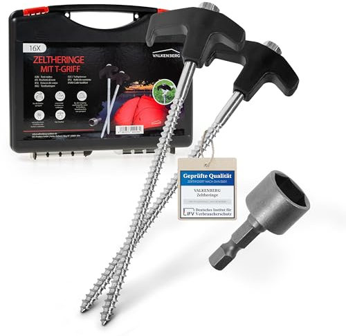 VALKENBERG 16x Schraubheringe Camping [Stahl] - Heringe Camping mit Transportbox - Zeltheringe zum Schrauben für alle Böden - Heringe Zelt sturmsicher und stabil