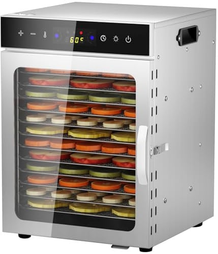 Essiccatore Alimentare Acciaio Inox, 12 Vassoi Con Display LCD, 24 ore Timer, 30-90°C Temperatura Regolabile,800W Essiccatore di Frutta e Verdura, Vassoi Lavabili in Lavastoviglie (12 lastre)