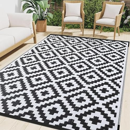 Obundi Large Outdoor Rug,Geometric Garden Rugs Outdoor Waterproof,Woven Plastic Area Rugs for Camping, Beach, Picnic, Backyard,Foldable Rug Easy Storage(Black White,270×365 cm)