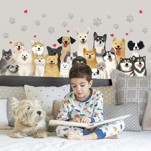 SUPERDANT Wandtattoo Mit Hundemotiv Aquarell Hunde Wandsticker Welpe Mit Pfotenabdruck Wandaufkleber Für Wände Abziehbar Und Aufklebbar Vinyl Wandsticker Für Kinderzimmer Wohnzimmer Kinderzimmer