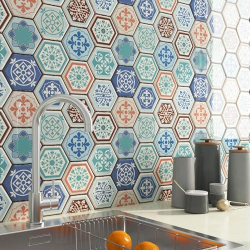 FunStick Splashback Tiles Self Adhesive Blue Green Stick on Tiles Kitchen Wall Splashback 3D Tile Stickers for Bathroom Peel and Stick Bohemia Geometric Teal Blue Kitchen Wall Tile 30CMx30CM 5 Pcs
