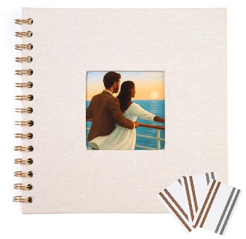 MEMOTOR Beige Leinen-Scrapbook mit Fotofenster, 17,8 x 17,8 cm, Hardcover-Album, 40 weiße Seiten + Eckaufkleber, DIY-Erinnerungsbuch für Hochzeit, Baby, Reisen
