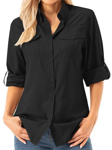 Asfixiado Damen Hemdbluse UV Shirt UPF 50+ Safari Kleidung Wanderbluse Damen Outdoor Cooling Quick Dry Sonnenschutz Langarm Luftiges Hemd(5072 Black L)
