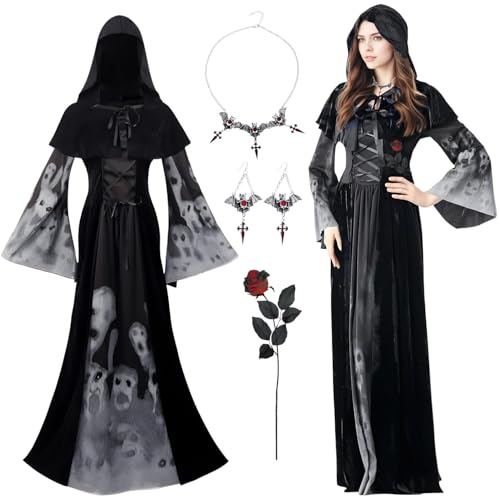 TOYTOPIE Bruja Disfraz Vampiresa de Mujer, Fantasma Capa Con Capucha Y Vestido, Adulto Disfraz de Halloween Dama Traje, Disfraz de Vampiresa Sacerdotisa para Halloween,Carnaval y Disfraces Fiesta