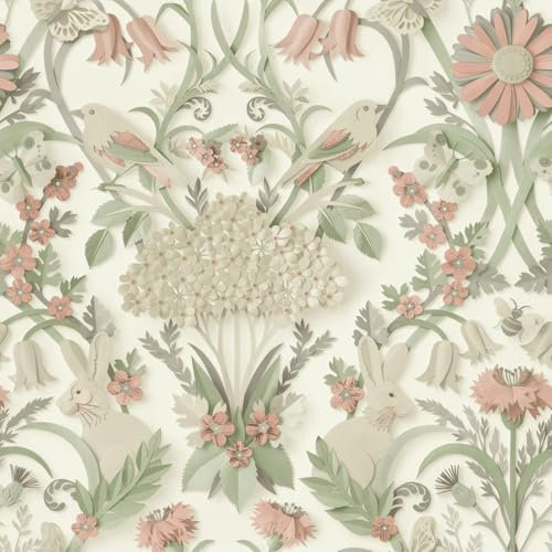 Full Roll - Woodland Cream Pink Green Wallpaper - Animals Floral Natural 10.05m x 53cm Roll - Contemporary Sophisticated Versatile - Bedroom Dining Room Living Room Sage Blush Rabbits Birds