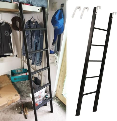 Escalera Cama Litera Escalera para Litera de Dormitorio, para Niños y Adultos, con Gancho, Color Negro, para Caravana, Corta y Reemplazable con Peldaño Ancho, y de Metal, Ideal para Escuelas(150cm/59
