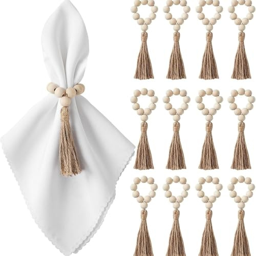 12 Stück Rustikale Boho Holzperlen Serviettenringe mit Jutefrans | Rustikale Boho Serviettenhalter, Natürliche Holzperlen & Jutefrans, Für Hochzeiten, Geburtstage, Thanksgiving, Weihnachten