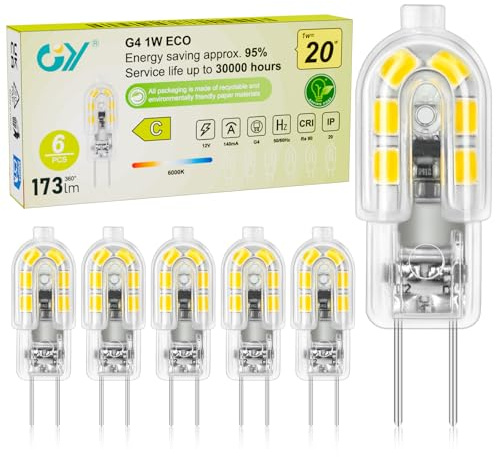 GY Ampoule G4 LED Classe C, 1W Équivalent 20W, 173LM Blanc Froid 6000K, 12V AC/DC, Économie d'Énergie, Non-Dimmable, Sans Scintillement - Pour Meuble, Cuisine, Décoration, Lot de 6