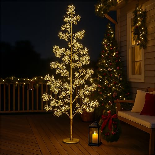 Xmas Haus 210CM Outdoor LED Christmas Tree with Gold Balls Festive Light 1200 Warm White LEDs, Copper Wire, Resin Base, 5M Cable & IP20 Transformer, Timer, Holiday Decoration