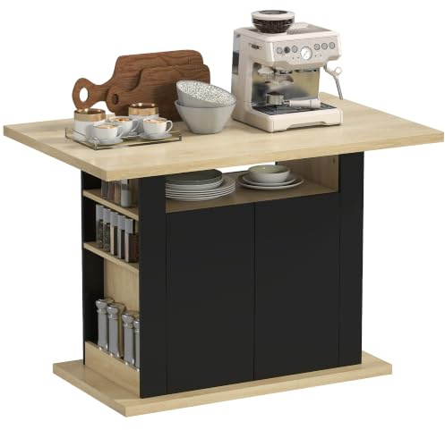 HOMCOM Esstisch Zentralinsel Küche Aufbewahrungsmöbel Tisch mit großer Arbeitsfläche 4-6 Personen - Schrank 4 Türen und Regale - aus Holz - Abm. 110L x 70l x 75,5H cm schwarz und naturfarben