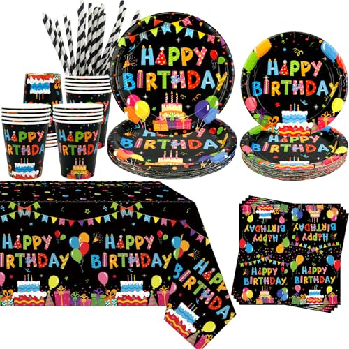 Obussgar Colourful Party Decoration - Black and Colourful Party Tableware Supplies Includes Plates, Cups, Napkins, Tablecloth, Straws- Serves 20
