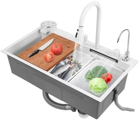 Küchenspüle, 1 Becken Wasserfall Spüle, Edelstahlspüle mit Tassenwaschmaschine, Küche Spülbecken mit Wasserhahn, Abtropfkorb und Schneidebrett, Multifunktionsspüle, Edelstahlspüle, 80x46x22cm, Weiß