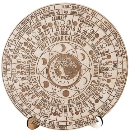 2027 Tree of Life Moon Phases Calendar Wooden Pagan Lunar Year Wheel Calendar 20cm Diameter With Stand