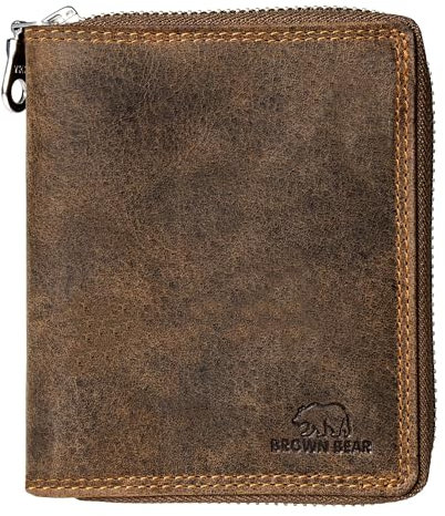BROWN BEAR Geldbörse Reißverschluss | echt Leder Braun Vintage | RFID-Schutz mit Münzfach | Portemonnaie Echtleder Herren & Damen | Zip Geldbeutel | BB Design 8009 HBR