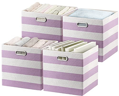 Posprica Storage Baskets Storage Cubes 33 x 33 cm Foldable Storage Boxes Containers Organization Baskets for Nursery, Office, Wardrobe and Shelf, 4 Pieces, Purple and White Stripes