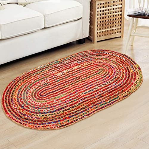 Jute Multi Chindi Oval Geflochtener Teppich, handgewebt, wendbar, geeignet für Küche, Wohnzimmer, Schlafzimmer, Vintage Bereich Teppich, bunte Jute Chindi-Teppich, 91.4 x 152.4 cm, mehrfarbig
