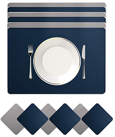JDkilp Platzset Abwischbar, Leder Untersetzer Und Tischset 6er Set, Platzdeckchen Abwaschbar Doppel Verdickte 45x30cm, Für Hause Küche Restaurant Und Hotel (Blau + hellgrau)