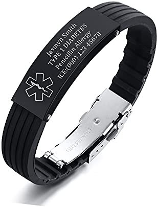 Personalisierte maßgeschneiderte Silikon-Sport-Armband Edelstahl-ID-Platte medizinische Alarm-Armbänder, SOS-Notfall-Sport im Freien tägliches Armband für Unisex, Jugendliche, einstellbar