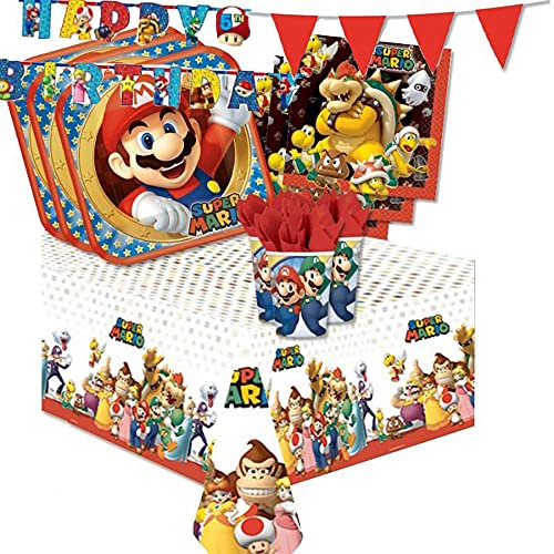 pot Kit Compleanno per 32 Persone N.27 Coordinato Compleanno Mario Run Videogioco Idraulico Luigi Rosso Verde Piatti Bicchieri