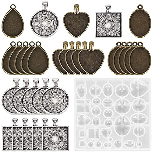 LATRAT Silikonharz Gießformen Schmuck Machen Epoxidharz Giessformen Epoxidharz Formen, 30 Stück Anhänger Tabletts Set Rund Quadratisch Herz Tropfen Oval Mini Metall Cabochon Lünette, Tablett