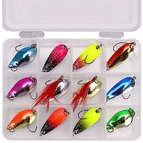 12Pcs Fishing Spoon Lure Set, Single Hook Metal Baits for Trout, Colorful Trolling Spoon Lures Casting Spinner Bait Fishing Jig Spoon Lure, Char and Perch Fishing with Tackle Box (A)