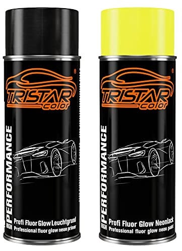 TRISTARcolor Profi Set Fluor Glow Neonlack Gelb matt mit Leuchtgrund Sprühdose Spraydose 400ml Autolack schnell trocknend