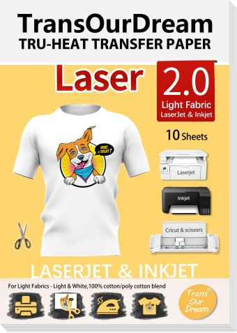 TransOurDream Tru-Transfer Paper Laser Printer Printing Inkjet Heat Transfer Vinyl 10 Sheets A4 Iron On Transfers Printable Htv for Light Fabric & T-Shirts Easy to Use Vibrant Colour
