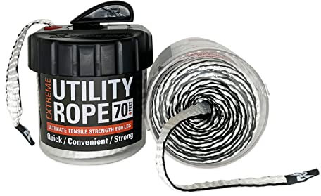 Rapid Rope Canister 70ft White Flat Tactical Paracord, Made in USA, 1100lb Tested Heavy Duty Poly Rope Test Cord, Non-Tangle Dispenser Included - Hiking, Camping, Survival, Utility, Climbing