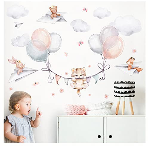Little Deco Katze mit Luftballons Wandtattoo Tiere Kinderzimmer Wandsticker für Babyzimmer Wandaufkleber selbstklebend Wanddeko DL840-4