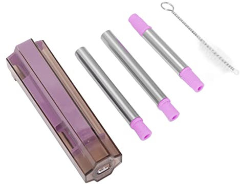 Pajita Plegable, Pajita de Metal Reutilizable Portátil con Punta de Silicona, Estuche Y Cepillo de Limpieza Pajita Reutilizable de Acero Inoxidable para Agua Potable, Batidos, Batidos, Boba(Púrpura)