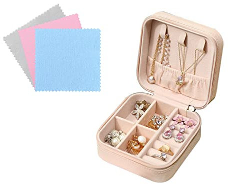 FuninCrea Porta Gioielli da Viaggio, Mini custodia per gioielli da viaggio in pelle PU con 3 pezzi di stoffa d'argento per anelli, orecchini, collana, organizer portatile per gioielli (rosa)