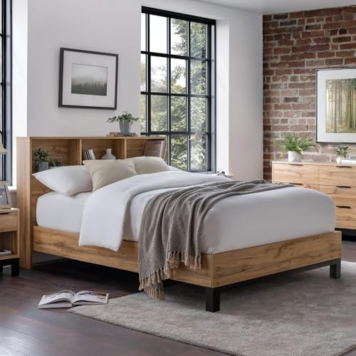 Julian Bowen Bali Bookcase Headboard Bed 135Cm | Rustic Bed Frame, 135cm/4ft6 with Bookcase Headboard, No Box Spring Needed
