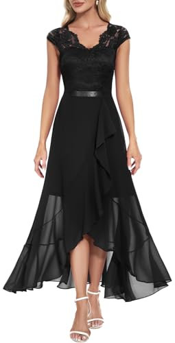 Bbonlinedress Schwarzes Kleid Damen Abendkleid lang Elegant Winter Cocktail Spitze Chiffon Hochzeit Brautkleid Party Ballkleid Black L